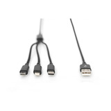 Digitus 3-in-1 Ladekabel, USB-A > Lightning + USB-C + Micro-USB schwarz, 1 Meter, PD, Laden mit bis zu 10 Watt
