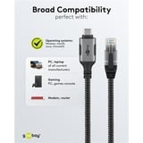 goobay Ethernet-Kabel USB-C 3.2 Gen2 Stecker > RJ-45 Stecker, LAN-Adapter schwarz/silber, 1 Meter, geflochtener Textilmantel