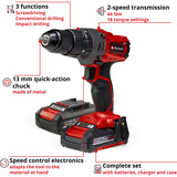 EINHELL Power X-Change Akku-Schlagbohrschrauber TE-CD 18/2 Li-i +64, 18Volt rot/schwarz, 2x Li-Ionen Akku 2,0Ah, Koffer + Bit-Bohrer-Set