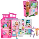 Mattel Barbie Ferienhaus Puppe und Spielset, Kulisse mit 4 Spielbereichen und 11 Zubehörteilen