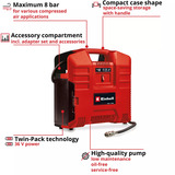 EINHELL Akku-Koffer-Kompressor TE-AC 36/8 Li OF Set - Solo, 36Volt (2x18V) rot, ohne Akku und Ladegerät