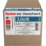 fischer Spanplattenschraube ClassicFast II 3,0x16 Senkkopf TX 1000 Stück, mit Vollgewinde, verzinkt
