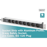 Digitus 19" Steckdosenleiste mit Aluminiumprofil, 8-fach, 1HE schwarz/aluminium, 2 Meter Kabel, Stecker IEC C20