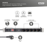 Digitus 19" Steckdosenleiste mit Aluminiumprofil, 5-fach, 1HE schwarz/aluminium, 2 Meter Kabel, Schalter, Überspannungsschutz, Netzfilter, Stecker Typ-C