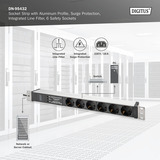 Digitus 19" Steckdosenleiste mit Aluminiumprofil, 6-fach, 1HE schwarz/aluminium, 2 Meter Kabel, Überspannungsschutz, Netzfilter, Stecker Typ-C