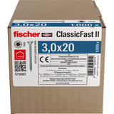fischer Spanplattenschraube ClassicFast II 3,0x20 Senkkopf TX 1000 Stück, mit Vollgewinde, verzinkt