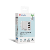 Verbatim Ladegerät 30W, 1x USB-C , 3x USB-A weiß, PD 3.0, QC 3.0