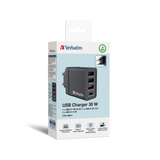 Verbatim Ladegerät 30W, 1x USB-C , 3x USB-A schwarz, PD 3.0, QC 3.0