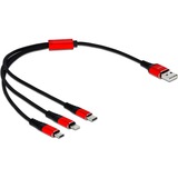 DeLOCK USB Ladekabel, USB-A Stecker > USB-C + Micro USB + Lightning Stecker schwarz/rot, 30cm, gesleevt, nur Ladefunktion