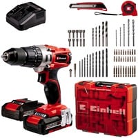 EINHELL Akku-Schlagbohrschrauber TE-CD 18/2 Li-i +64, 18Volt rot/schwarz, 2x Li-Ionen Akku 2,0Ah, Koffer + Bit-Bohrer-Set