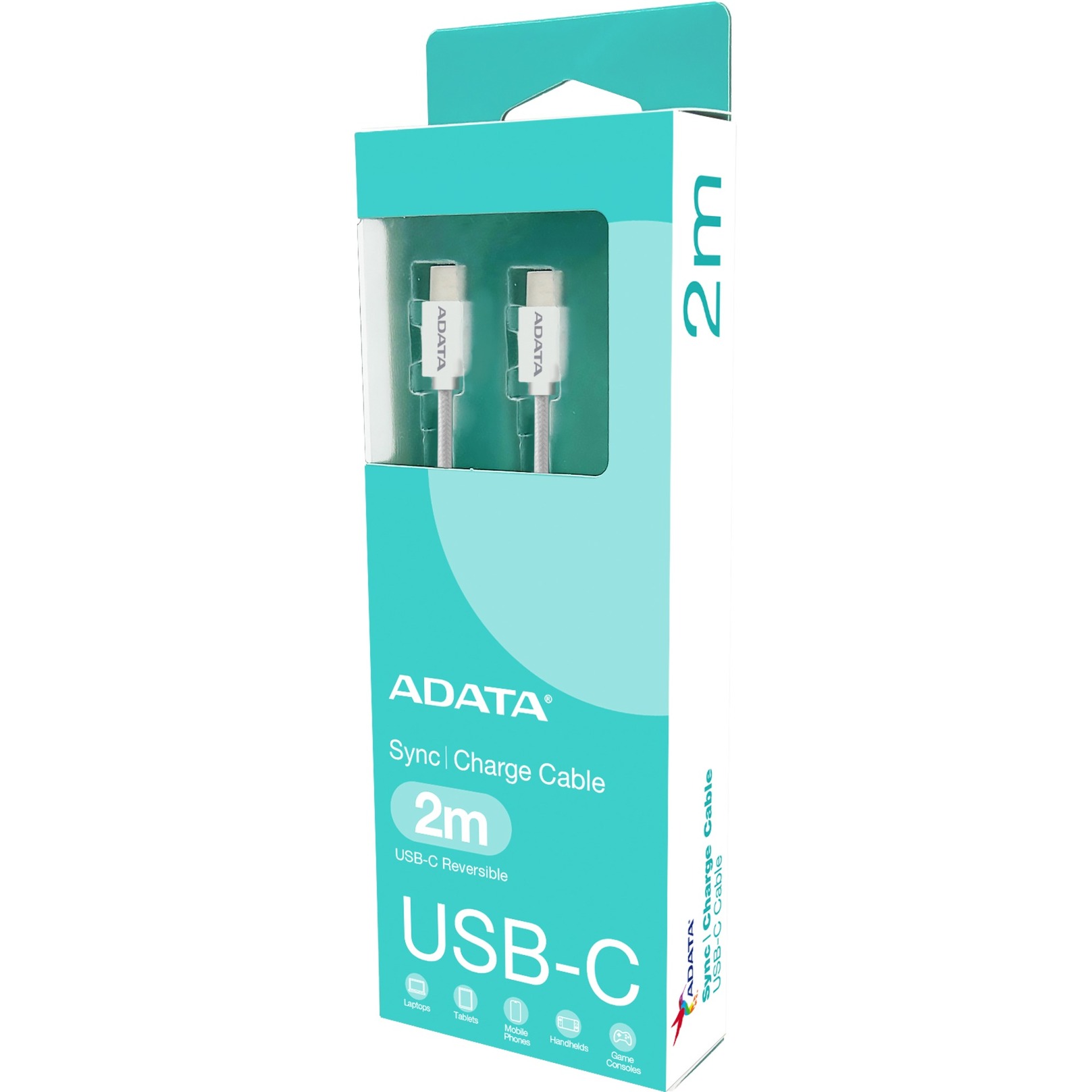 ADATA USB 2.0 Kabel, USB-C Stecker > USB-C Stecker weiß, 2 Meter, PD 3.0, QC 3.0, Laden mit bis zu 100 Watt