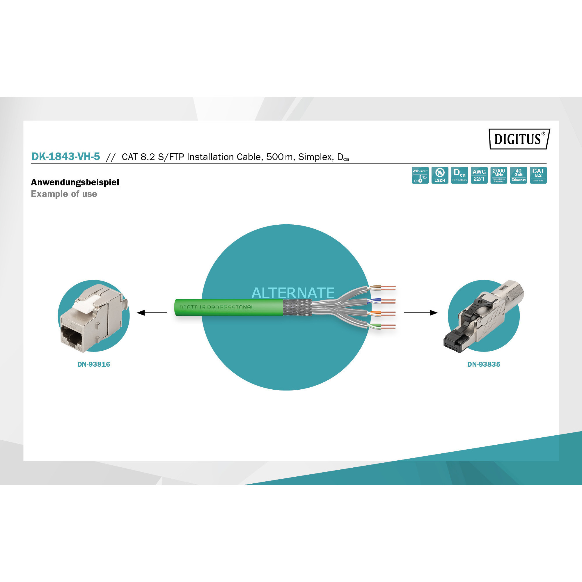 Digitus Professional Cat.8.2 S/FTP Verlegekabel simplex, Dca grün, 500 Meter Trommel