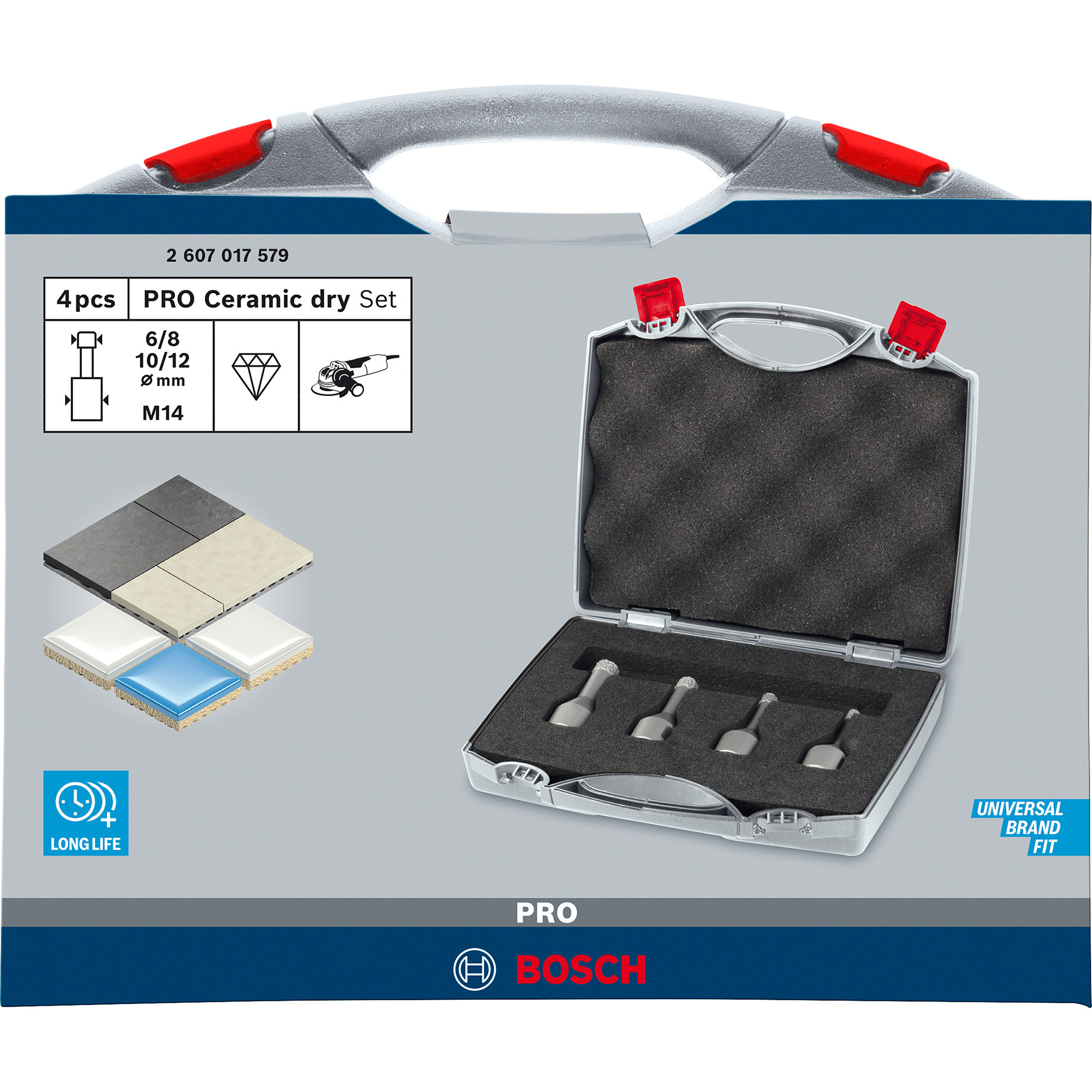 Bosch PRO Ceramic dry X-LOCK Bohrkronen-Set, Ø 6 - 12mm, Bohrer-Satz 4-teilig, für kleine Winkelschleifer