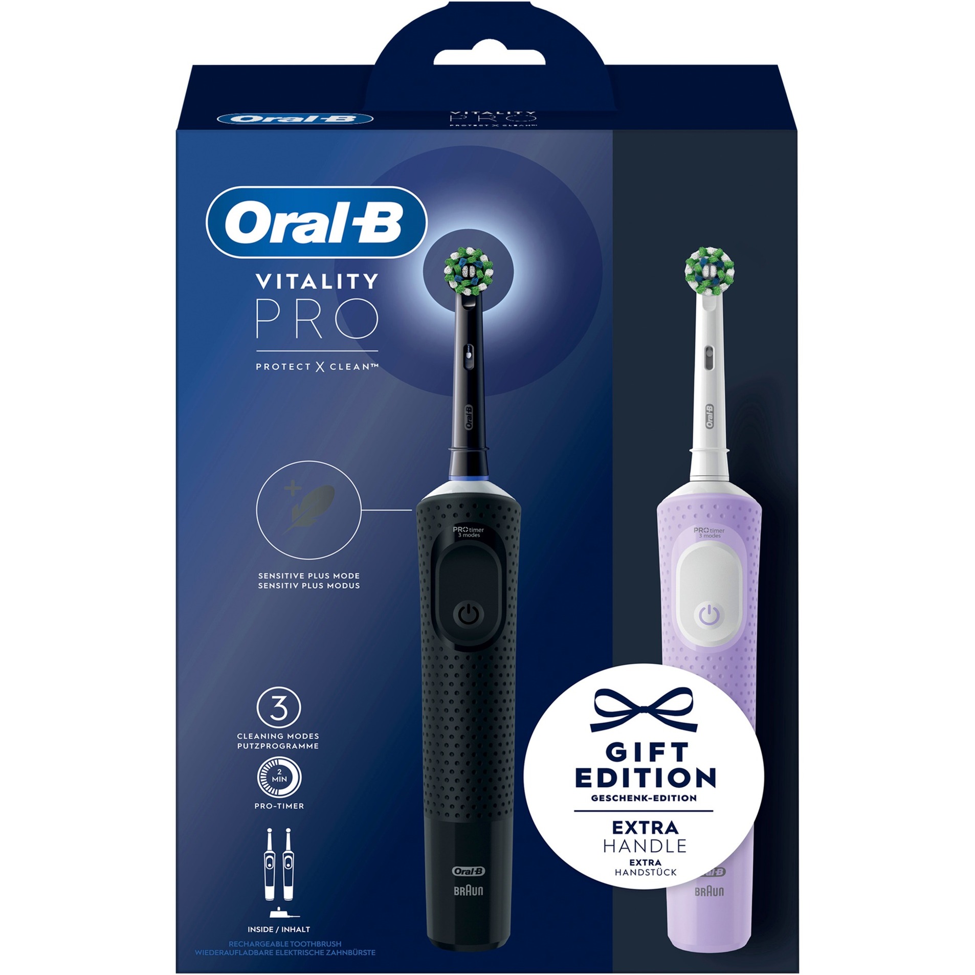 Braun Oral-B Vitality Pro D103 Duo, Elektrische Zahnbürste schwarz/lila, Black/Lilac Violet, inkl. 2. Handstück