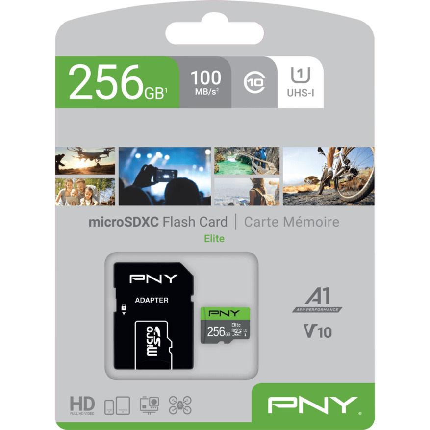 PNY Elite microSD 256 GB, Speicherkarte grau/grün, Class 10, UHS-I