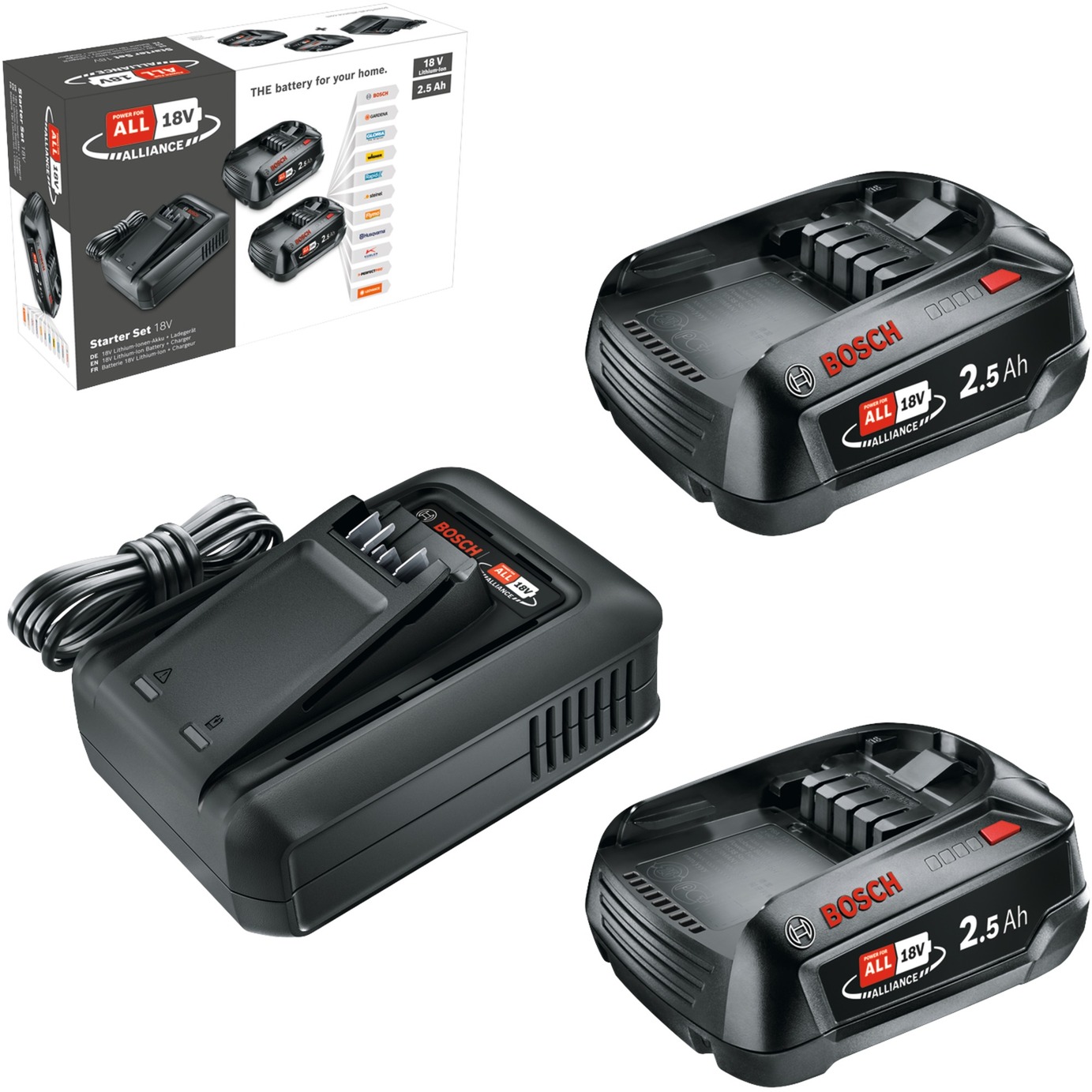 Bosch Akku Starter-Set 18V 2x 2,5Ah + Schnellladegerät AL 18V-44 schwarz, 2x Li-Ionen Akku 2,5Ah, POWER FOR ALL ALLIANCE