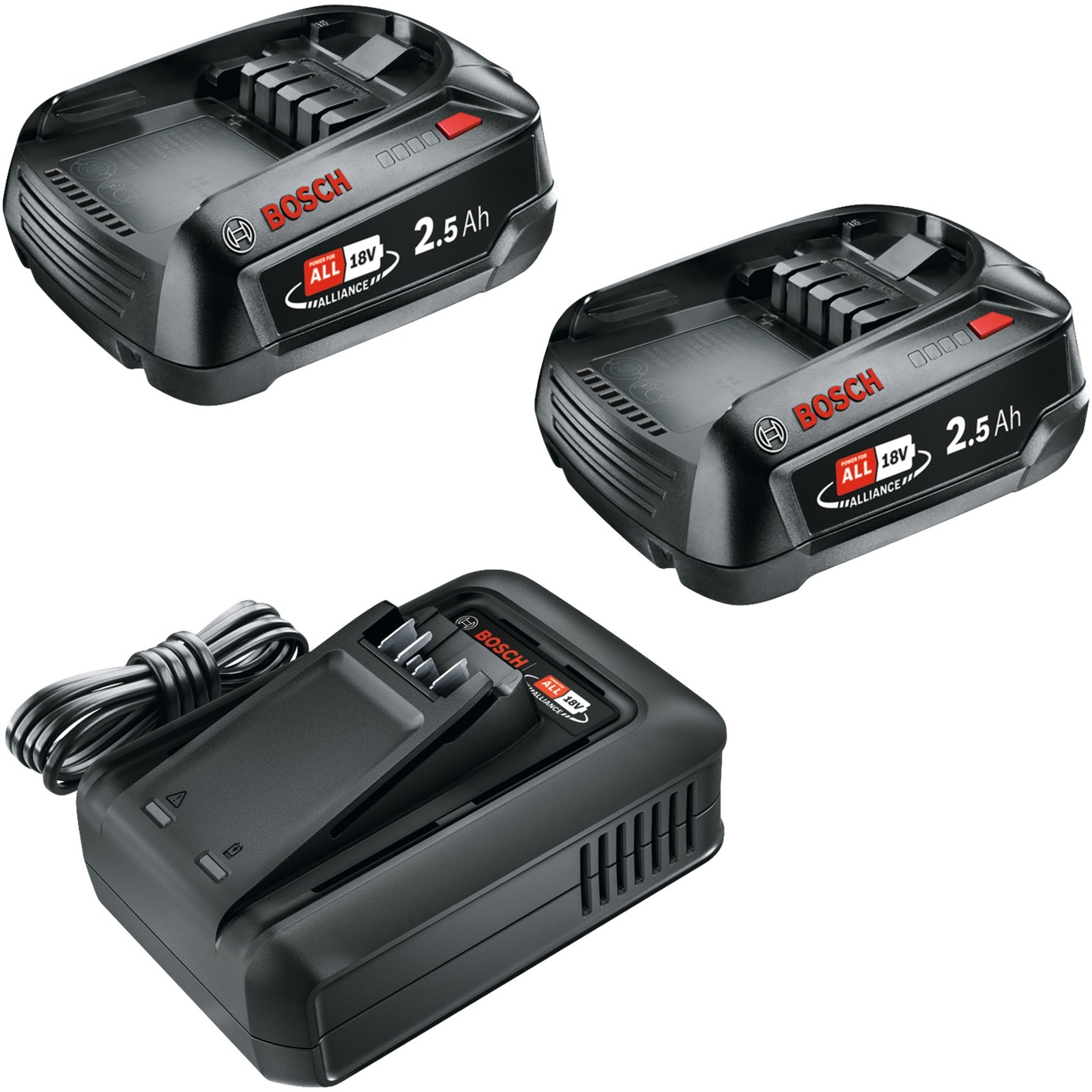 Bosch Akku Starter-Set 18V 2x 2,5Ah + Schnellladegerät AL 18V-44 schwarz, 2x Li-Ionen Akku 2,5Ah, POWER FOR ALL ALLIANCE