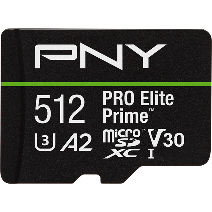 PNY Pro Elite Prime microSD 512 GB, Speicherkarte schwarz/grün, Class 10, U3, V30, A2, SD-Adapter