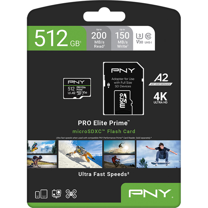 PNY Pro Elite Prime microSD 512 GB, Speicherkarte schwarz/grün, Class 10, U3, V30, A2, SD-Adapter