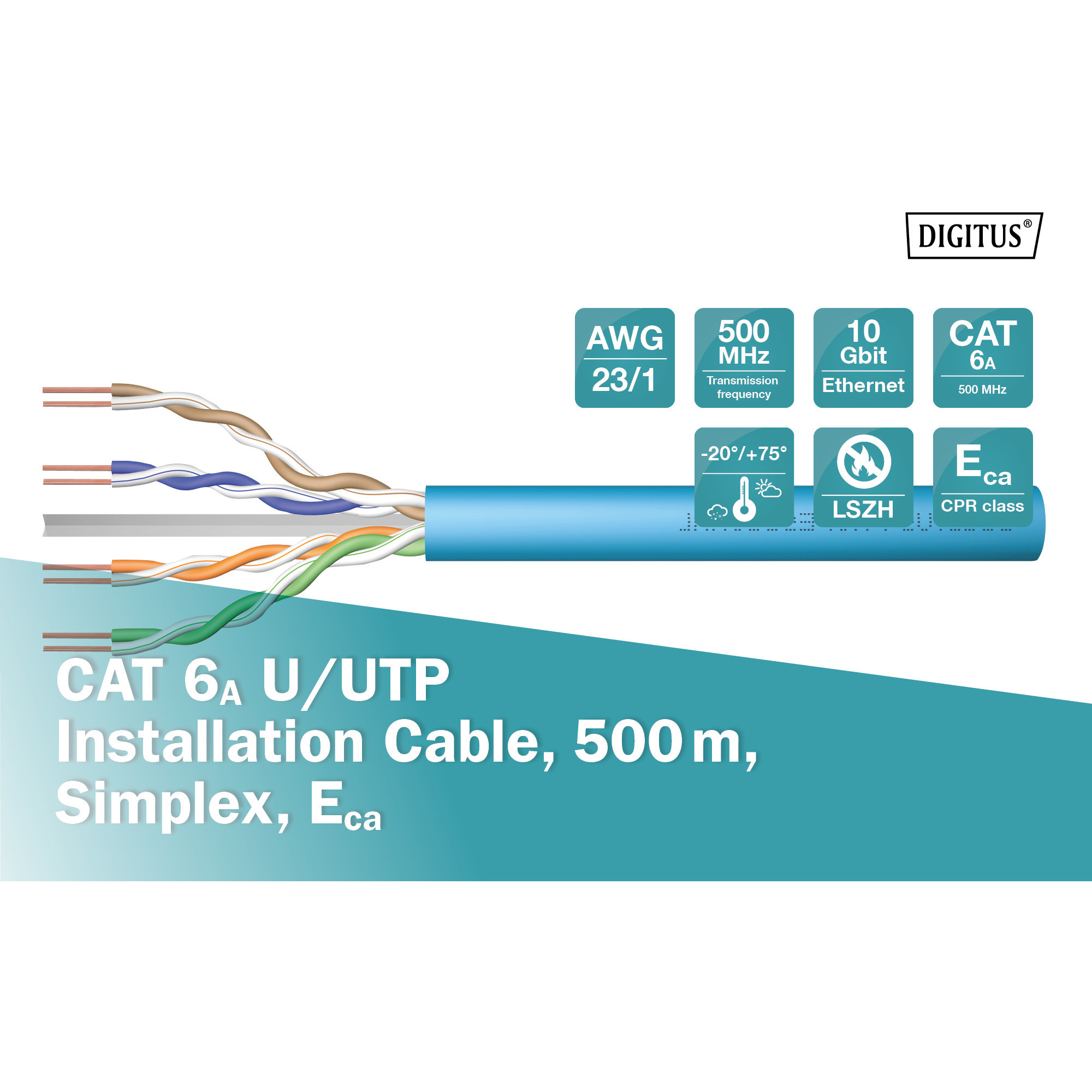Digitus Professional Cat.6a U/UTP Verlegekabel simplex, Eca blau, 500 Meter Trommel