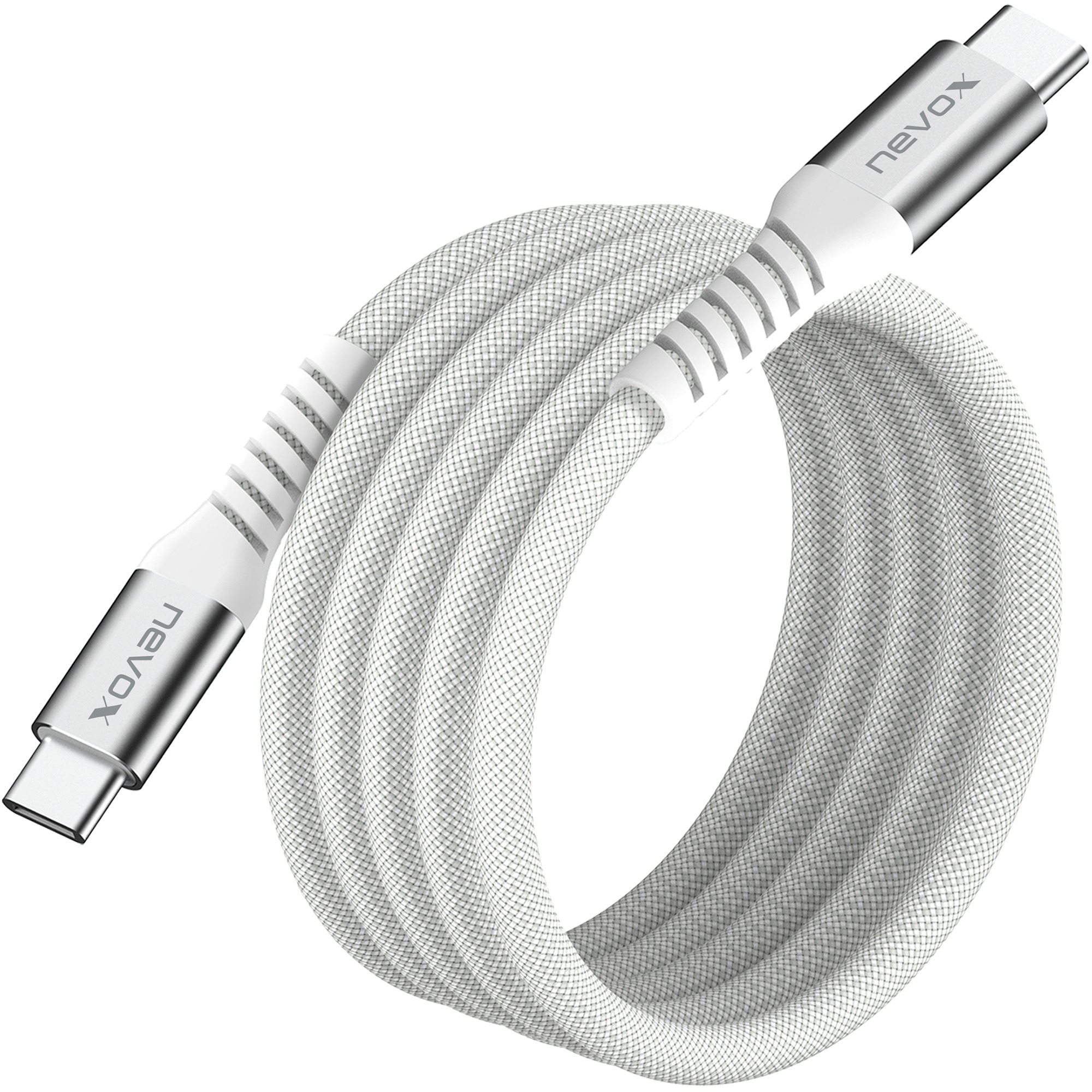 Nevox USB 2.0 Kabel, USB-C Stecker > USB-C Stecker 48V / 5A weiß, 2 Meter, PD 3.1, Laden mit bis zu 240 Watt, magnetisch aufrollbar