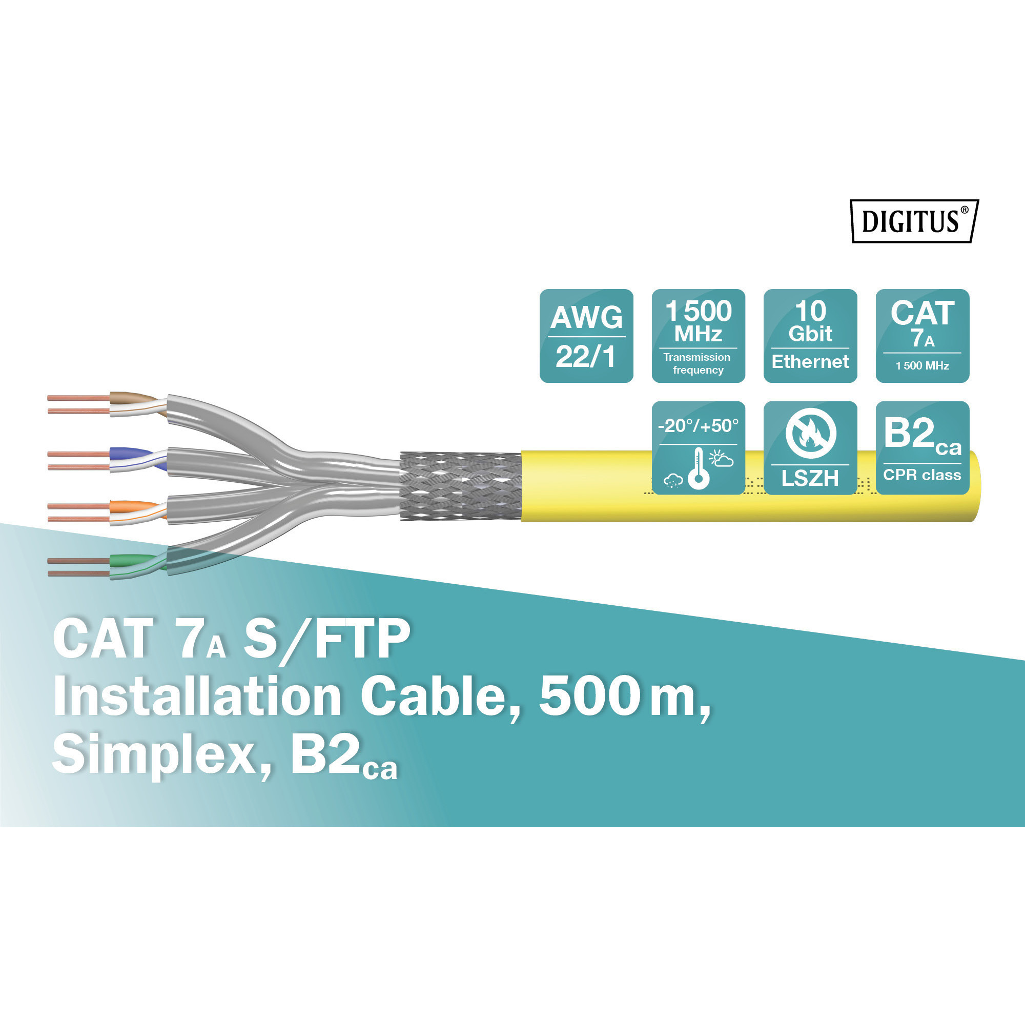 Digitus Professional Cat.7a S/FTP Verlegekabel simplex, B2ca gelb, 500 Meter Trommel