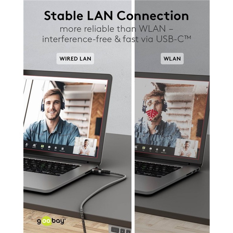 goobay Ethernet-Adapterkabel USB-C 3.2 Gen2 > RJ-45, Slim schwarz/grau, 15 Meter