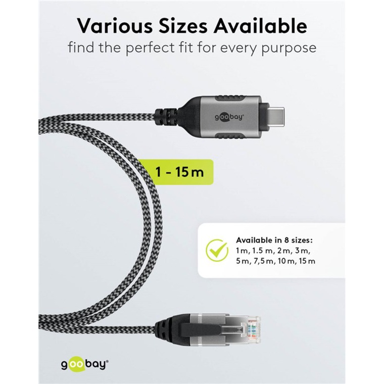 goobay Ethernet-Adapterkabel USB-C 3.2 Gen2 > RJ-45, Slim schwarz/grau, 15 Meter