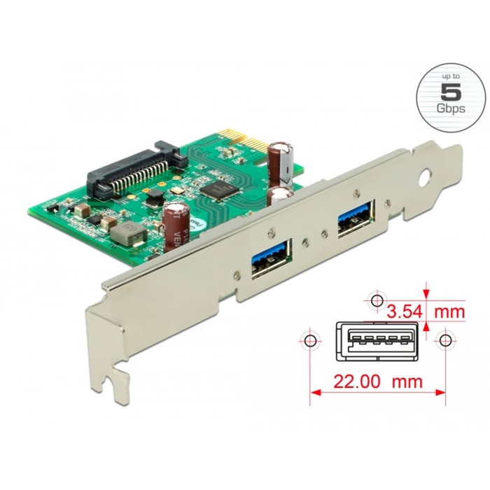 DeLOCK PCIe x1 Karte zu 2x ext. USB 3.2 Gen 1, USB-Controller SATA-Stromanschluss