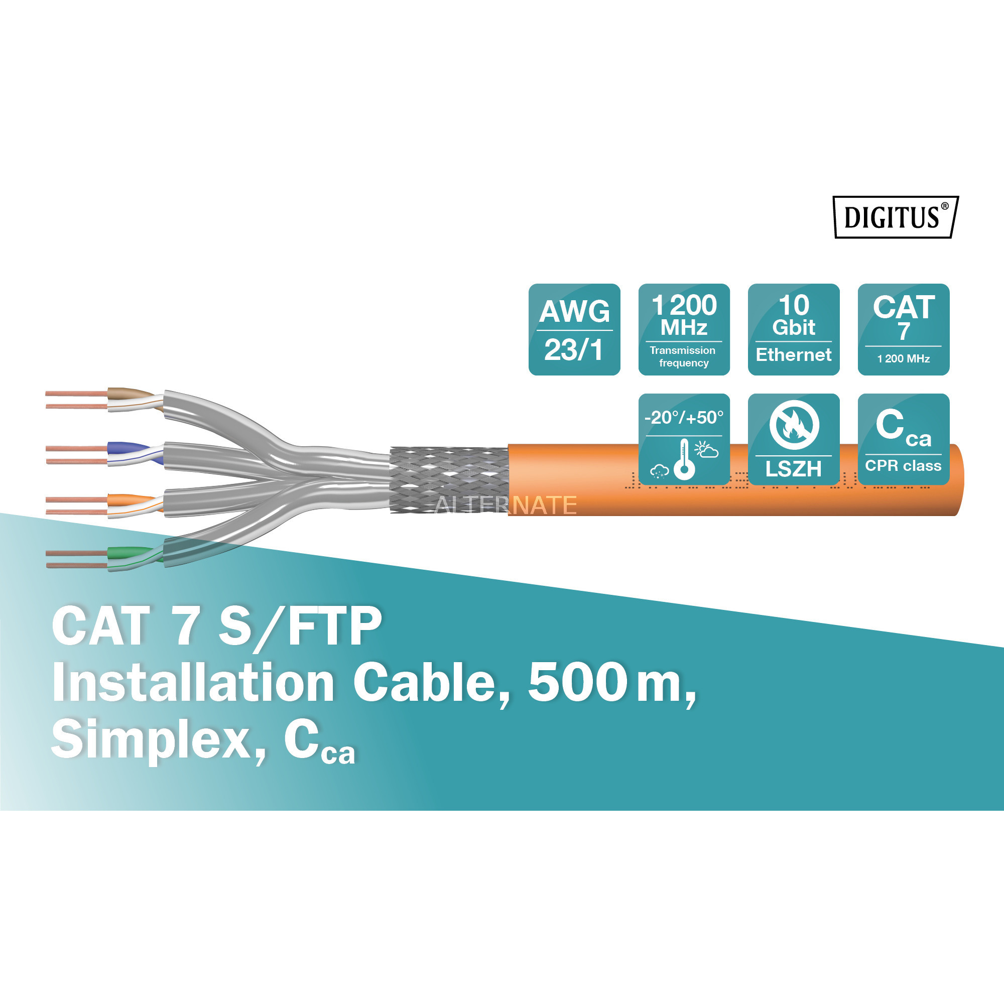 Digitus Professional Cat.7 S/FTP Verlegekabel simplex, Cca orange, 500 Meter Trommel