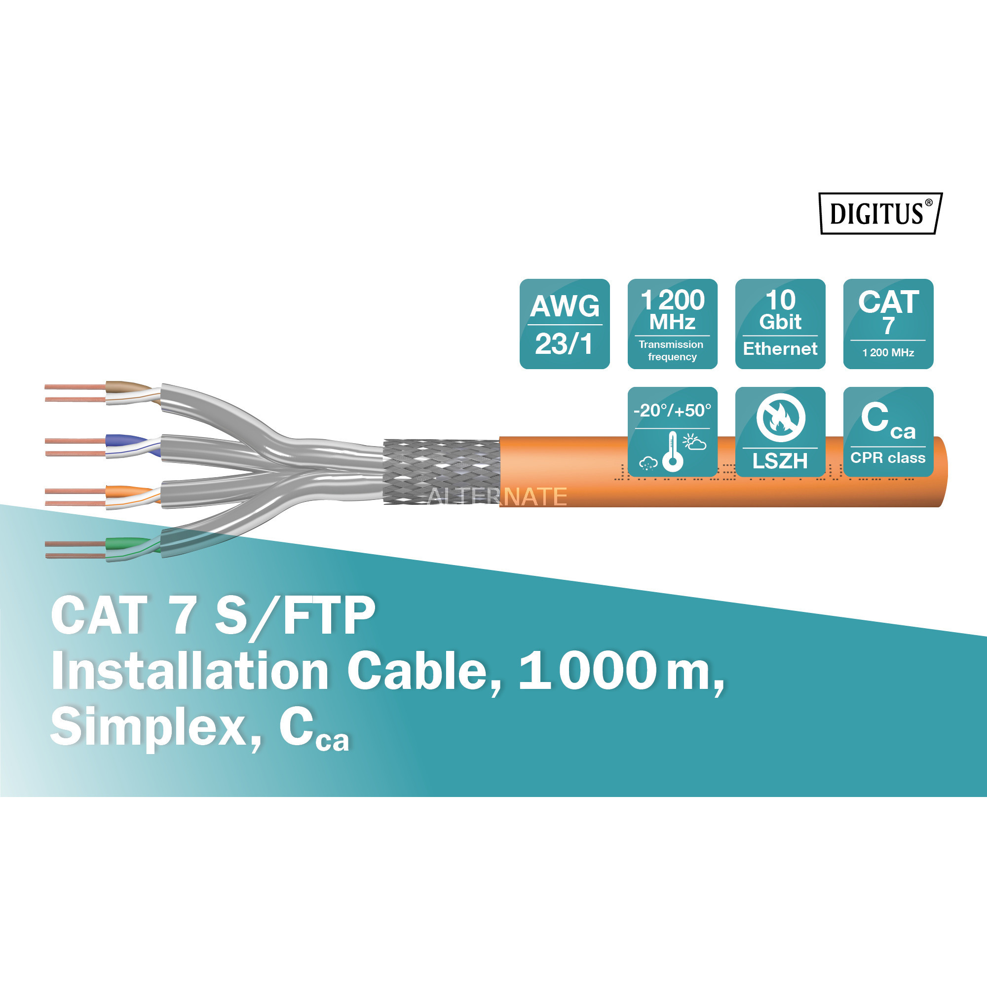 Digitus Professional Cat.7 S/FTP Verlegekabel simplex, Cca orange, 1.000 Meter Trommel
