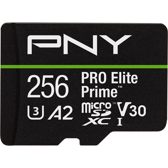 PNY Pro Elite Prime microSD 256 GB, Speicherkarte schwarz/grün, Class 10, U3, V30, A2, SD-Adapter