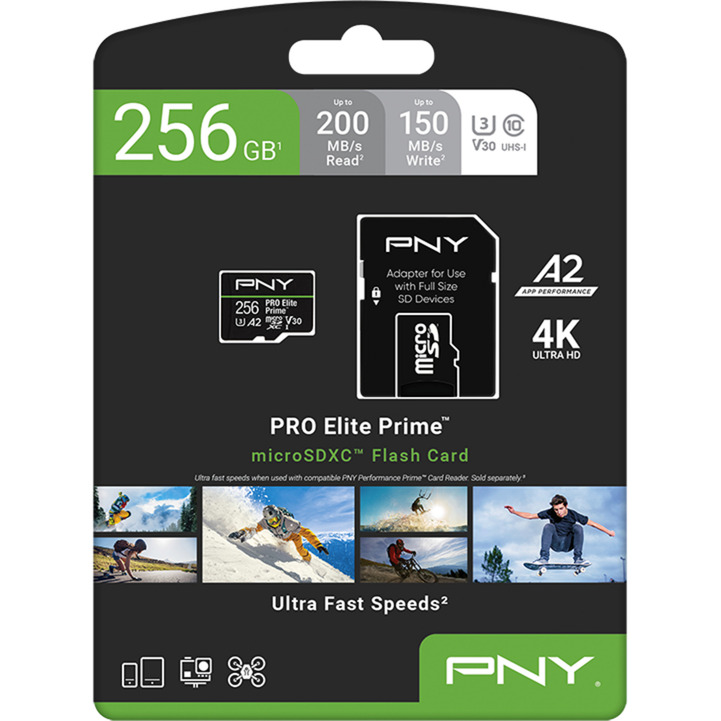 PNY Pro Elite Prime microSD 256 GB, Speicherkarte schwarz/grün, Class 10, U3, V30, A2, SD-Adapter