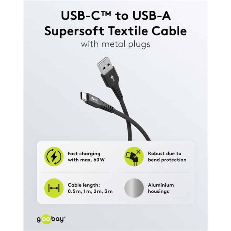 goobay Supersoftes USB 2.0 Textilkabel, USB-A Stecker > USB-C Stecker schwarz, 3 Meter
