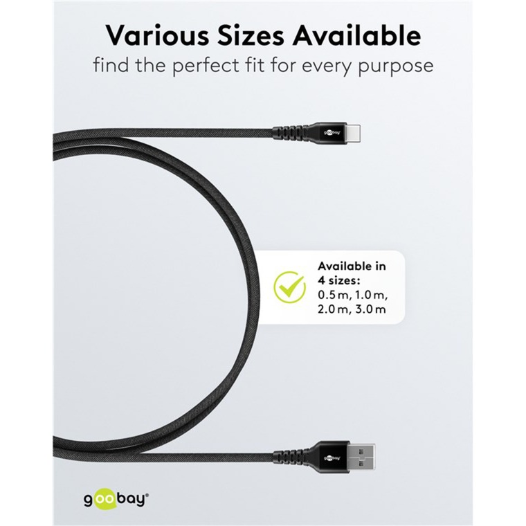 goobay Supersoftes USB 2.0 Textilkabel, USB-A Stecker > USB-C Stecker schwarz, 3 Meter