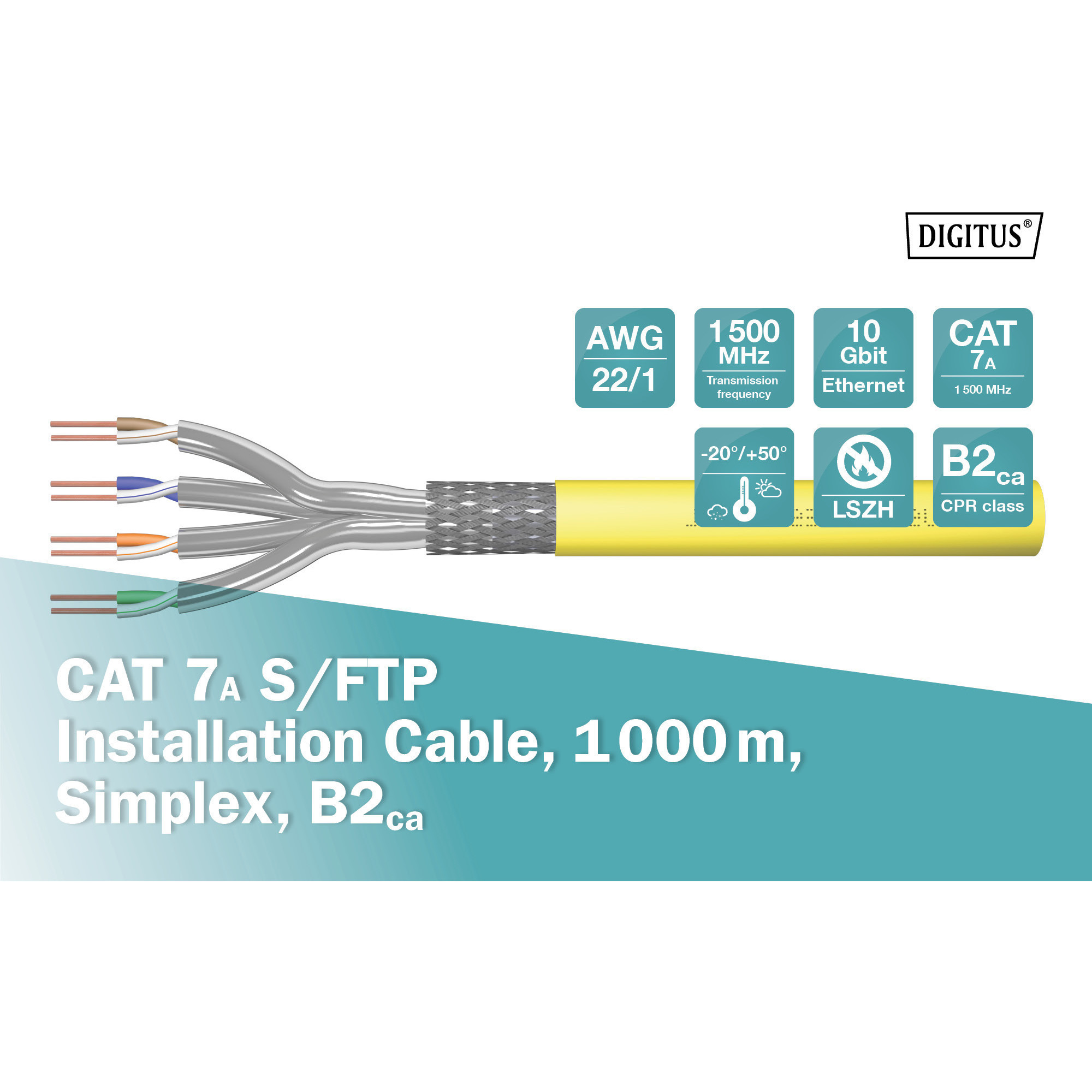Digitus Professional Cat.7a S/FTP Verlegekabel simplex, B2ca gelb, 1.000 Meter Trommel