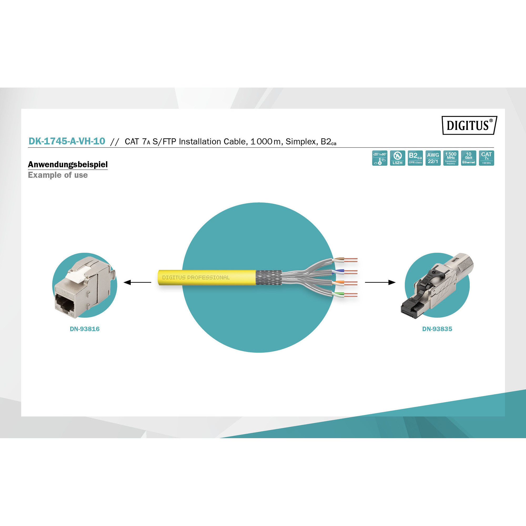 Digitus Professional Cat.7a S/FTP Verlegekabel simplex, B2ca gelb, 1.000 Meter Trommel
