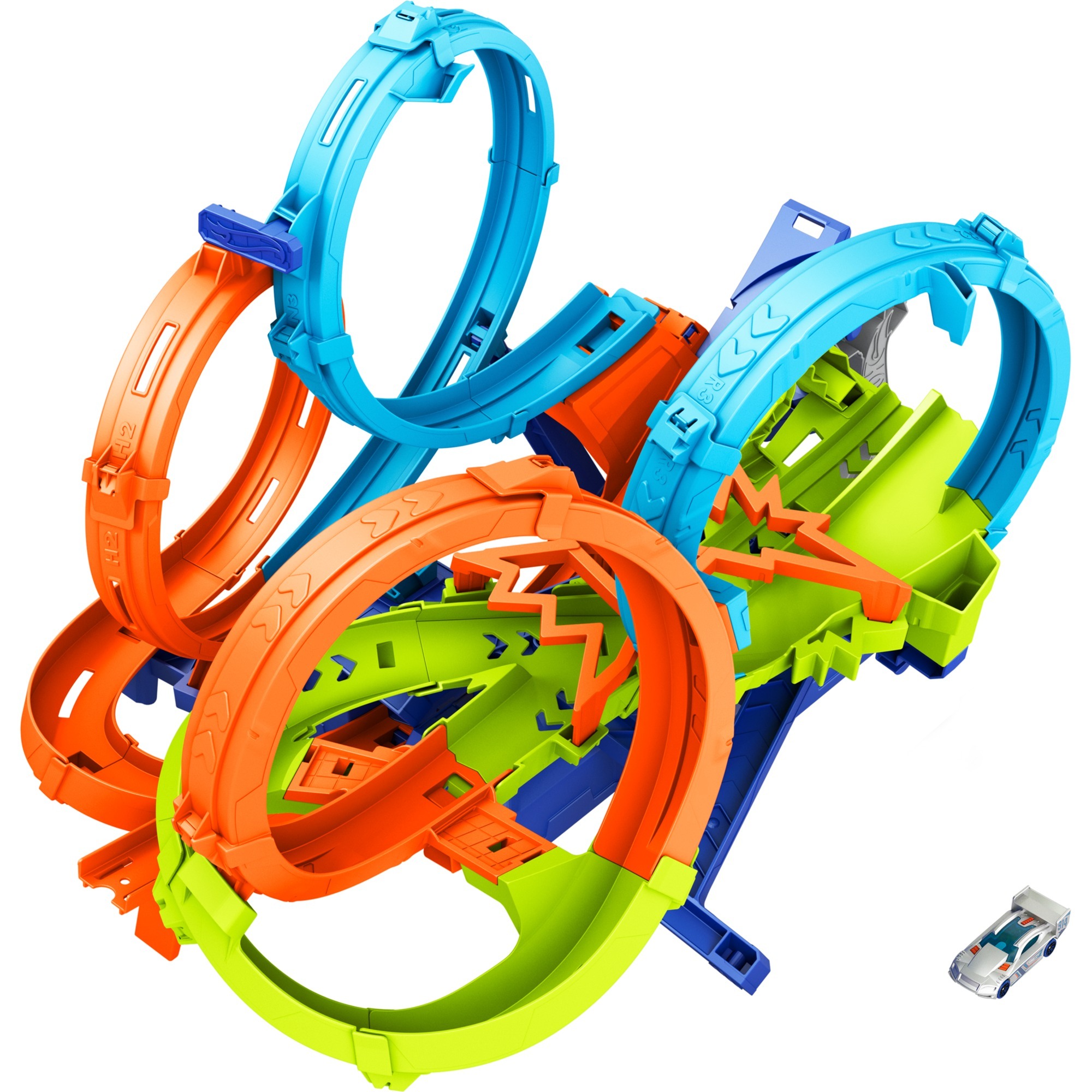 Hot Wheels 4-Loopings Crash Gefahr Trackset, Rennbahn mit batteriebetriebenem Beschleuniger und 1 Auto