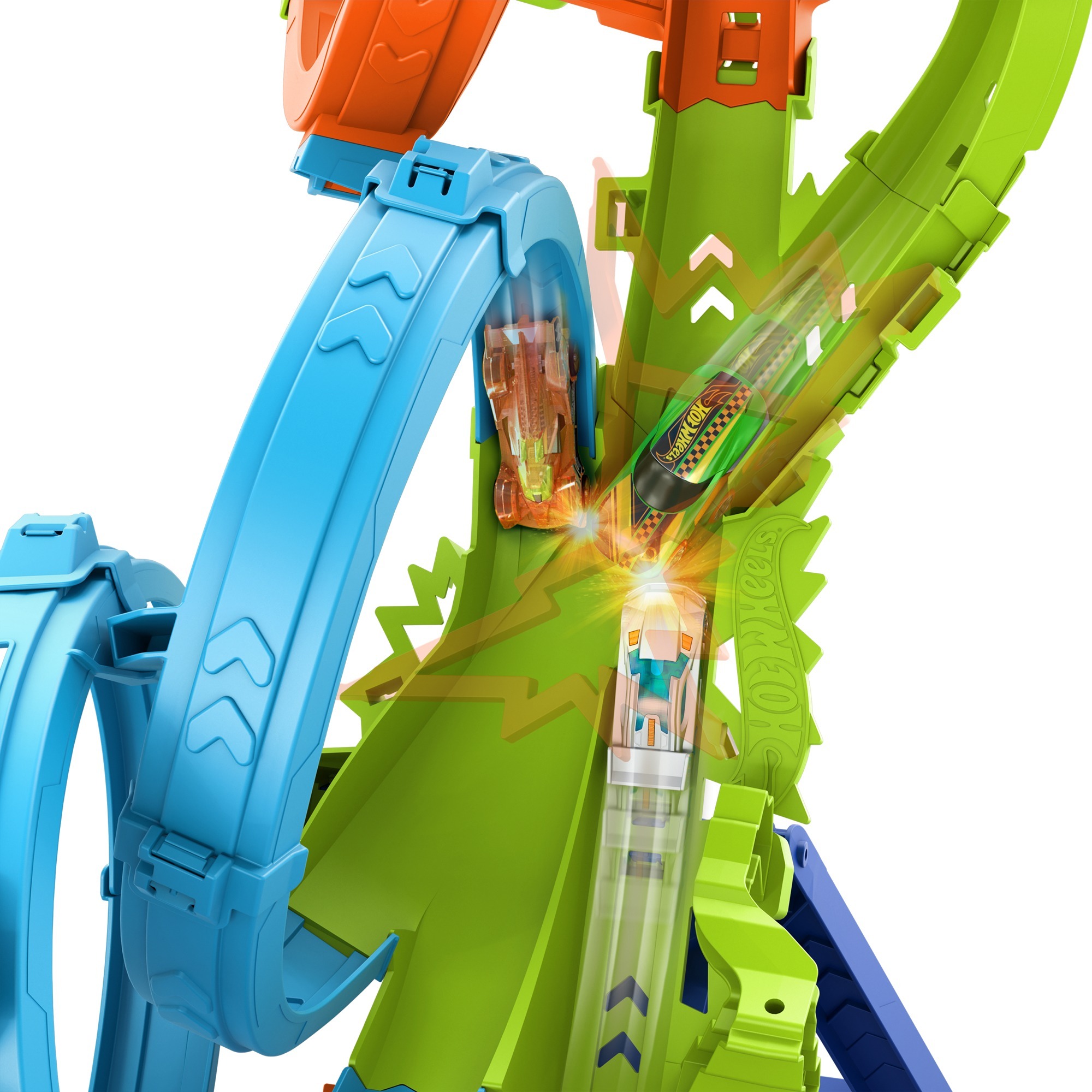 Hot Wheels 4-Loopings Crash Gefahr Trackset, Rennbahn mit batteriebetriebenem Beschleuniger und 1 Auto