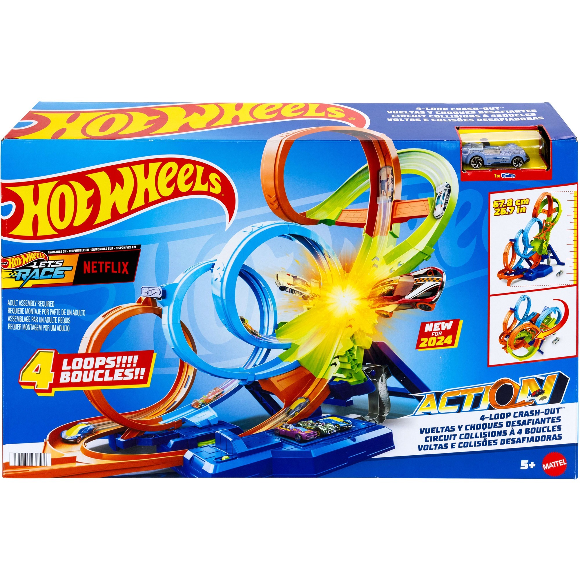 Hot Wheels 4-Loopings Crash Gefahr Trackset, Rennbahn mit batteriebetriebenem Beschleuniger und 1 Auto