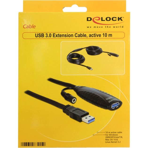 DeLOCK USB 3.2 Gen 1 Aktivverlängerungskabel, USB-A Stecker > USB-A Buchse schwarz, 10 Meter, mit DC Strombuchse